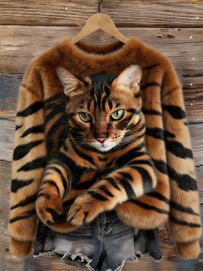 Womens AutumnWinter Christmas Cat Crew-Neck Sweatshirt