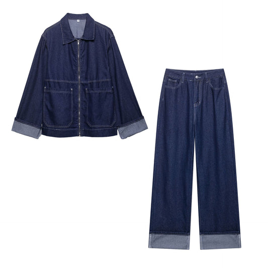 Womens European And American-style Zip-up Jacket And Jeans Set