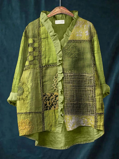 New Green Embroidered Floral Lace-trimmed Top